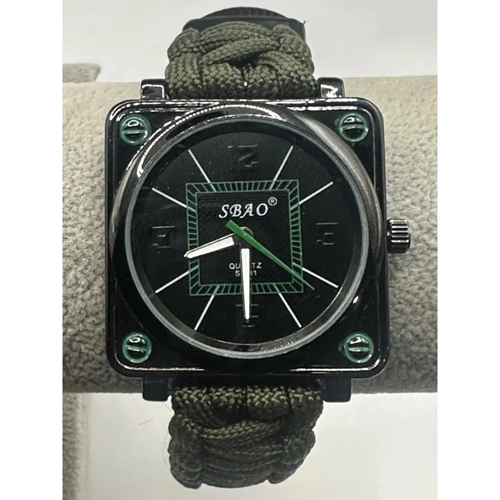 SBAO Green Survival Paracod Compass Watch Fire Scraper Whistle New‎ Battery Y